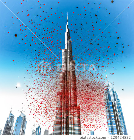Large crowd of people are gathered in front of a tall building. 129424822