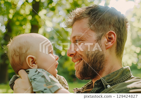Man holds a baby in his arms. 129424827