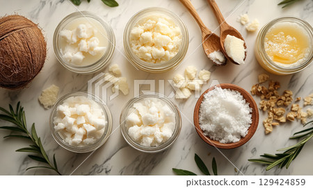 Table with jars of different colored and flavored oils and a spoon 129424859