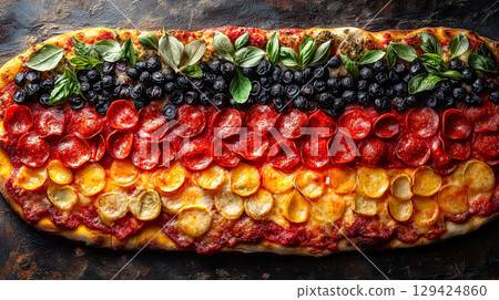 Pizza with a variety of toppings including pepperoni, olives, and mushrooms 129424860