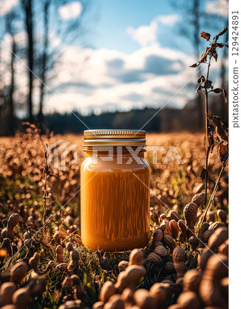 Jar of peanut butter is sitting on the ground in a field 129424891