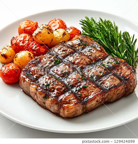 Piece of meat is on a white plate with a side of vegetables 129424899