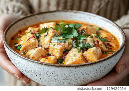 Bowl of food with a person holding it 129424934