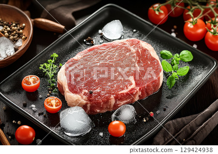 Piece of meat is on a black plate with a few tomatoes and some herbs 129424938