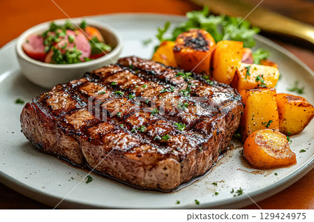 Steak is served with potatoes and a side salad 129424975