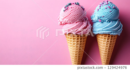 Two ice cream cones with pink and blue ice cream 129424976