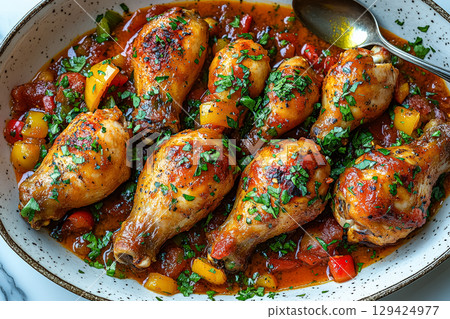 White plate with a variety of chicken pieces and vegetables 129424977
