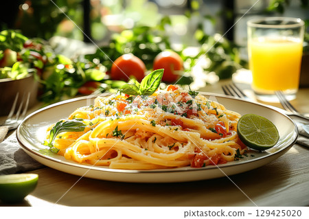 Plate of pasta with a glass of orange juice Plate of pasta with a glass of orange juice 129425020