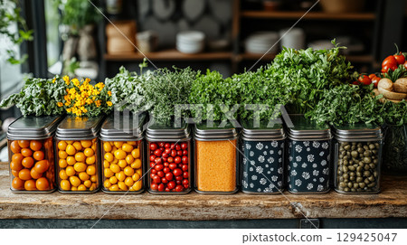 Row of glass jars filled with various vegetables and fruits 129425047