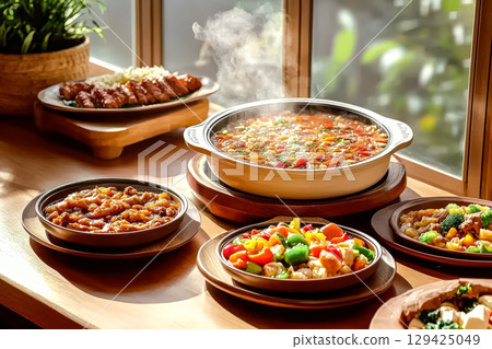 Table with a variety of food, including a large pot of soup 129425049