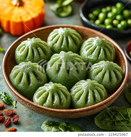 Bowl of green dumplings sits on a table with other food items 129425067