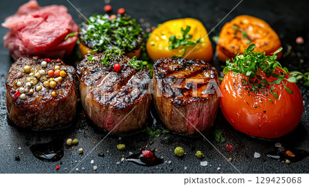 Plate of meat and vegetables with a black background 129425068