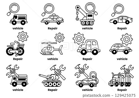 set of illustrations in the concept of vehicles and repairs in line art style 129425075