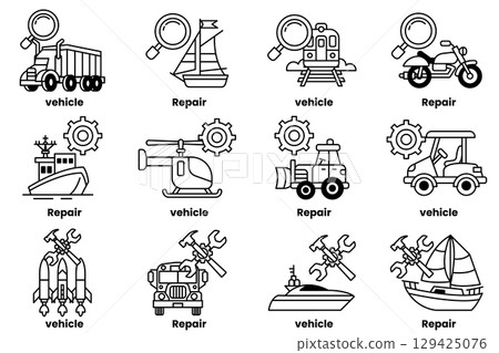 set of illustrations in the concept of vehicles and repairs in line art style set of illustrations in the concept of vehicles and repairs in line art style 129425076