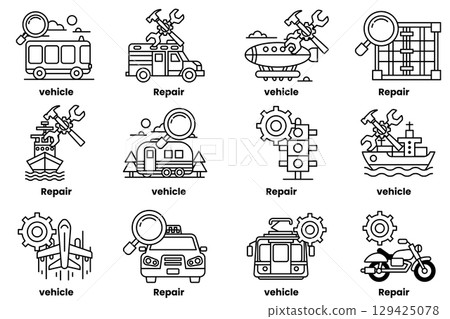 set of illustrations in the concept of vehicles and repairs in line art style set of illustrations in the concept of vehicles and repairs in line art style 129425078