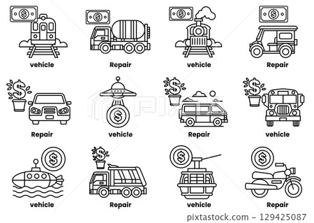 set of illustrations in the concept of vehicles and awards in a line style 129425087