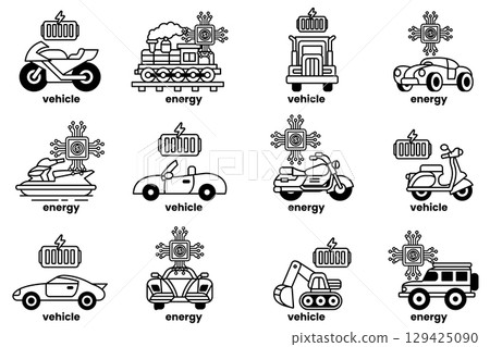set of cartoon images of vehicles and energy sources set of cartoon images of vehicles and energy sources 129425090