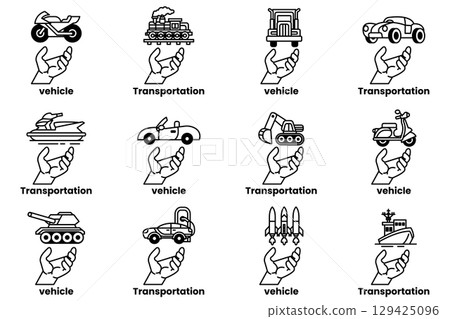 A hand is holding up a collection of images of vehicles and transportation 129425096