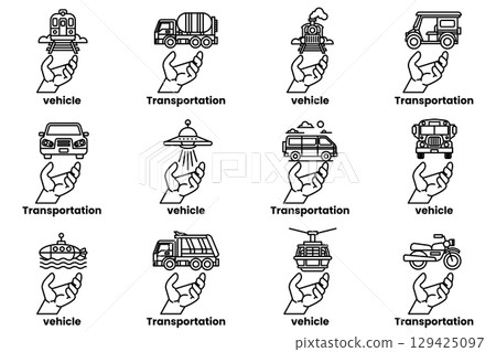 A hand is holding up a set of images of vehicles and transportation 129425097