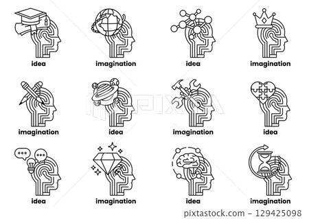 series of heads with various objects and words written on them 129425098