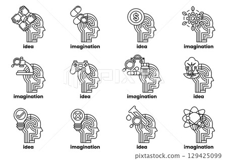 series of heads with various objects and words written on them 129425099
