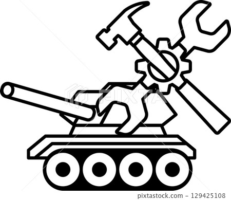 A black and white drawing of a tank with a hammer and wrench on it 129425108