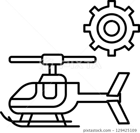 A black and white drawing of a helicopter with a gear on the side 129425109