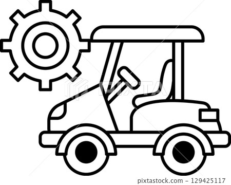 A black and white drawing of a car with a gear on the front A black and white drawing of a car with a gear on the front 129425117