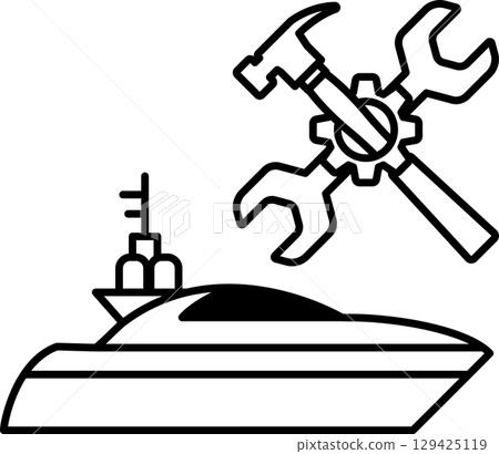 A black and white image of a boat with a wrench and a hammer on it 129425119