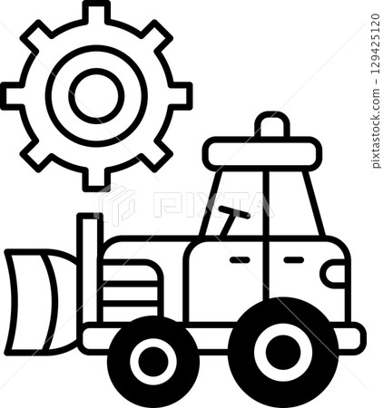 A black and white drawing of a tractor with a large gear on the front 129425120