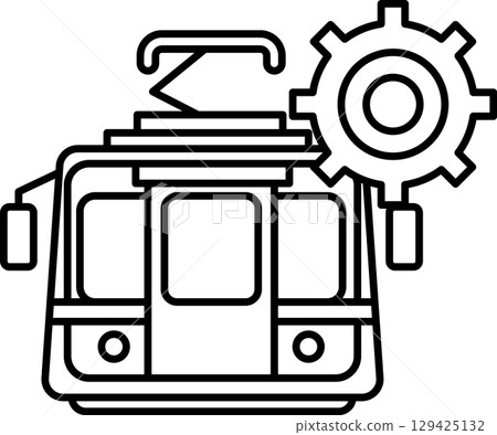 A black and white drawing of a train with a gear on it A black and white drawing of a train with a gear on it 129425132