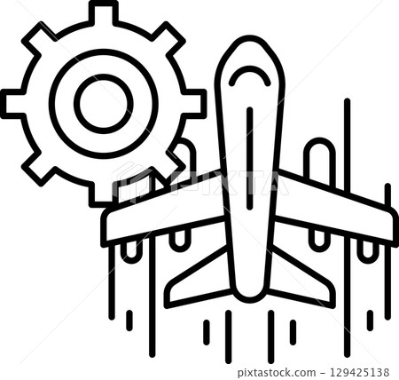 A black and white drawing of an airplane with a gear in front of it A black and white drawing of an airplane with a gear in front of it 129425138