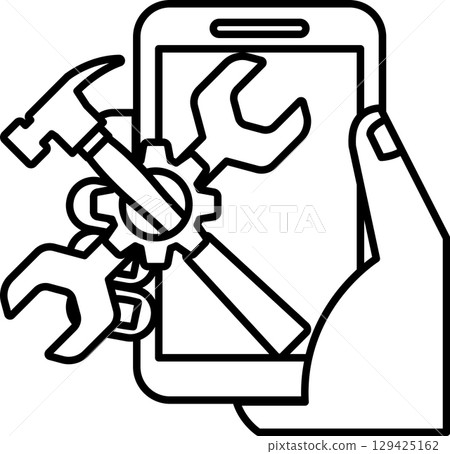 A hand holding a cell phone with a hammer and wrench on it 129425162