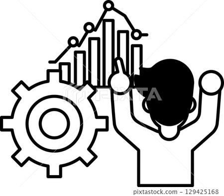 A man is standing in front of a gear and a graph A man is standing in front of a gear and a graph 129425168