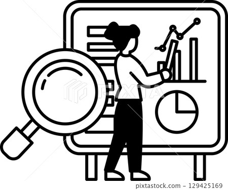 A woman is standing in front of a large board with a magnifying glass on it 129425169