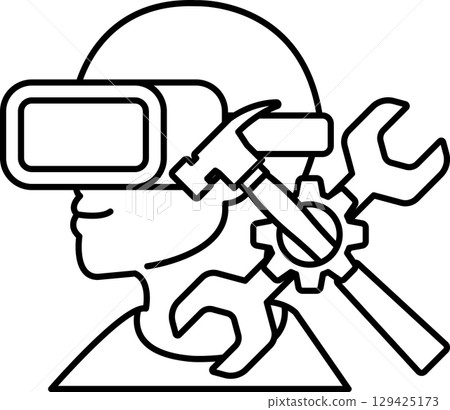 A man wearing a VR headset is holding a hammer and a wrench A man wearing a VR headset is holding a hammer and a wrench 129425173