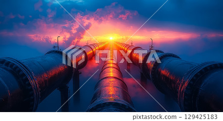 Long line of pipes with a sun in the middle 129425183