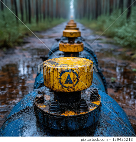 Row of pipes with a yellow and black cap on top 129425218