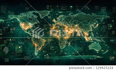 Map of the world with lights on it Map of the world with lights on it 129425228