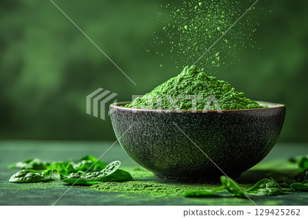 Bowl of green powder is sitting on a table Bowl of green powder is sitting on a table 129425262