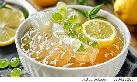 Bowl of ice cream with green jelly beans and a lemon slice on top 129425265