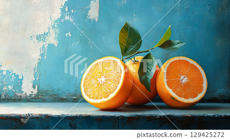 Three oranges are on a table with a leaf on top 129425272