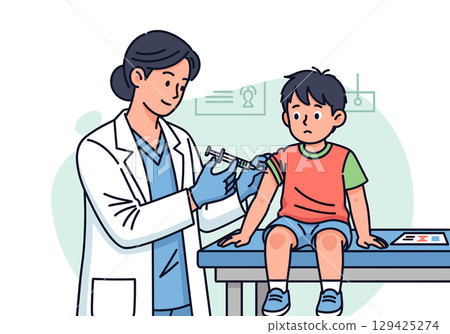 Medical vector illustration of a female doctor vaccinating a child 129425274
