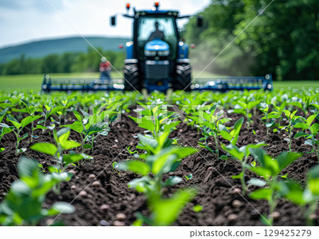 Tractor is driving through a field of green plants Tractor is driving through a field of green plants 129425279