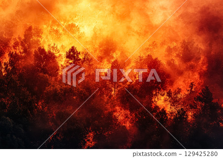Forest fire is burning through a forest, with trees and brush on fire Forest fire is burning through a forest, with trees and brush on fire 129425280