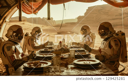Four astronauts are sitting at a table with plates of food in front of them Four astronauts are sitting at a table with plates of food in front of them 129425281