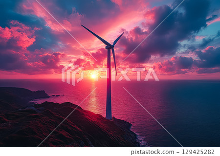 Wind turbine is standing on a rocky cliff overlooking the ocean 129425282