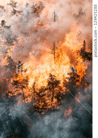 Forest fire is raging, with trees and smoke filling the sky 129425288