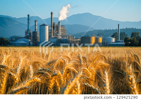 Large industrial plant with a lot of smoke coming out of it 129425290