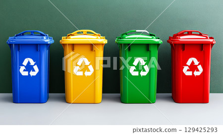 Four different colored trash cans with the word recycle on them Four different colored trash cans with the word recycle on them 129425293